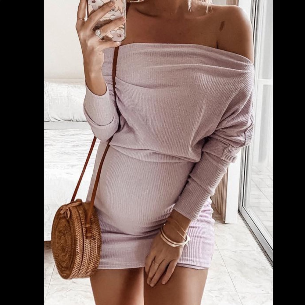 Lavender off the shoulder dress seen on Kelsrfloyd